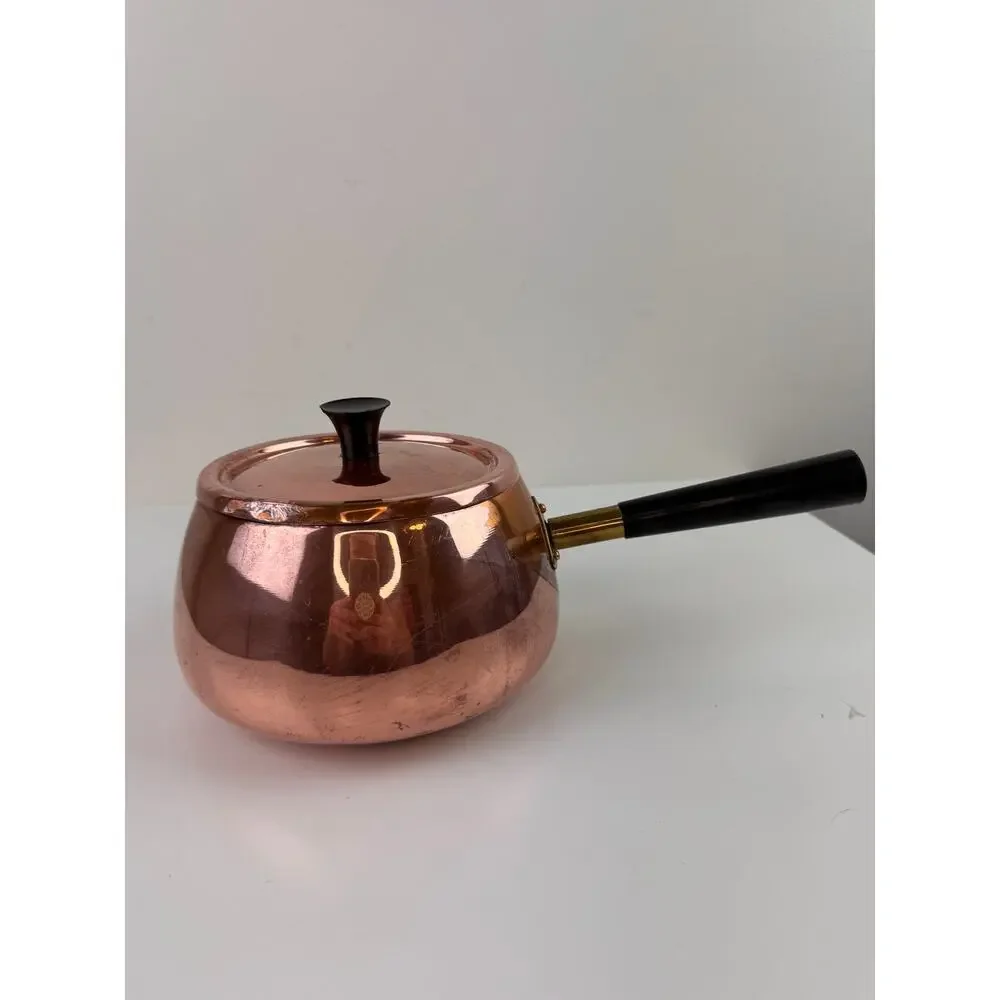 Vintage MCM Solid Copper Pot Rose Gold Metal Wooden Handle Lid Made In Portugal